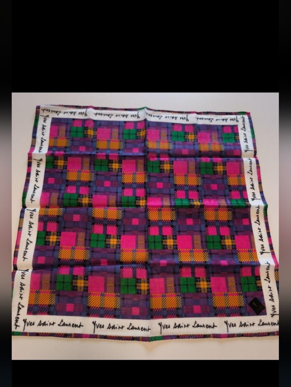 Yves Saint Laurent Bright Plaid Silk Scarf in Pink, Purple, Green, Yellow